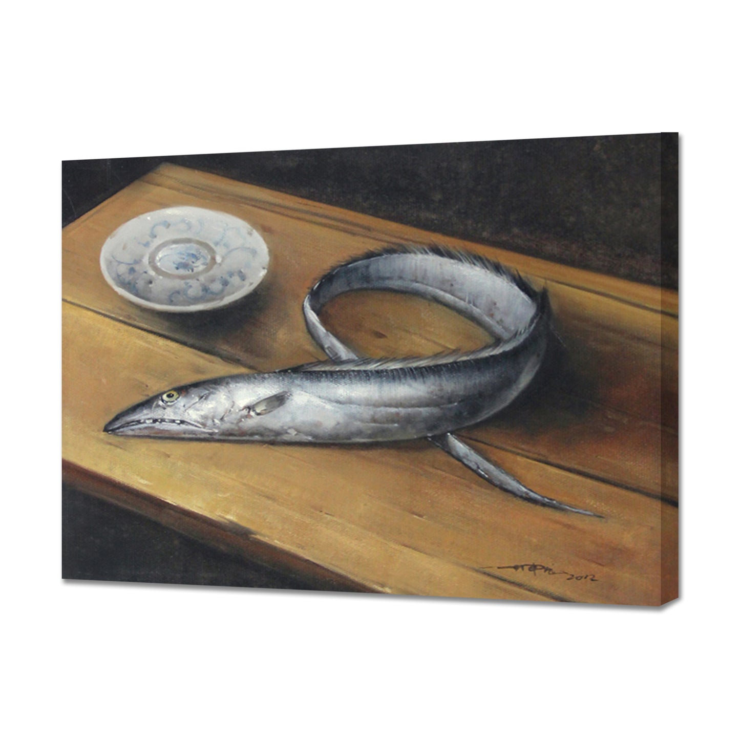 This is an original oil painting decorative painting with the theme of kitchen and fish, which can be used for wall art decoration in kitchens and restaurants.